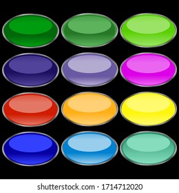 Oval buttons of various bright, saturated colors with a gray stroke having a mirror effect. Buttons in the form of ovals on a black background with a mirror effect. Vector graphics. Stock Photo.