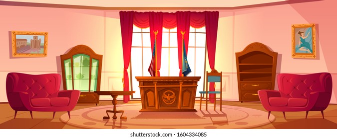 Oval cabinet with furniture, office interior for President United States workplace in official residence White House, desk and wooden bookcase, national flag, paintings on wall, red curtains on window