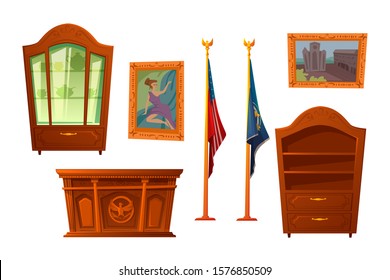 Oval cabinet furniture set, office interior for President of United States workplace in official residence White House, desk and wooden bookcase, national flag, paintings isolated on white background