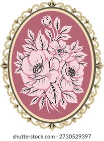 Un camafeo ovalado con un racimo de flores y hojas rosadas, enmarcado por un borde dorado adornado con volutas decorativas.