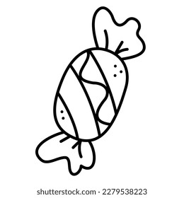 Oval candy with a pattern. Doodle vector black and white illustration.
