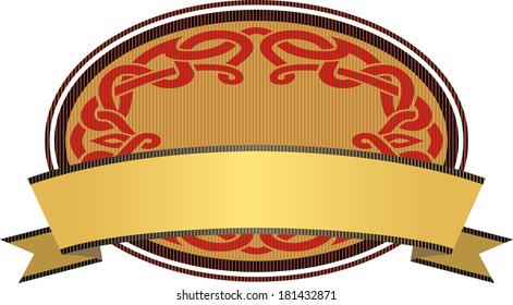 Oval Celtic Emblem blank label decorative sign against white background.