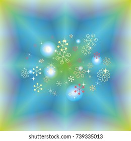 Oval Christmas background with random scatter falling colorful snowflakes and bright lights and sparkles on a blue and green background.