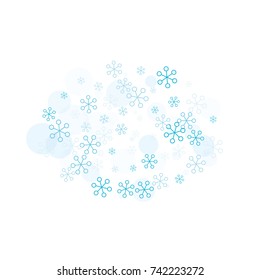 Oval Christmas background with random scatter falling turquoise snowflakes and blue polka dots isolated on white.