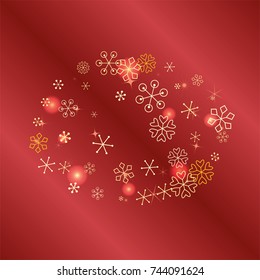 Oval Christmas background with random scatter falling golden snowflakes, red blurred lights and sparkles on a red gradient background