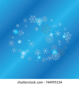 Oval Christmas background with random scatter falling silver snowflakes, blue blurred lights and sparkles on a blue background