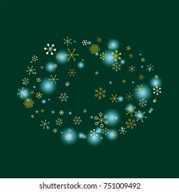 Oval Christmas background with random scatter falling golden snowflakes and blue blurred lights on a dark green background.