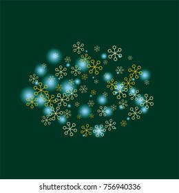Oval Christmas background with random scatter falling golden snowflakes and blue blurred lights on a dark green background.