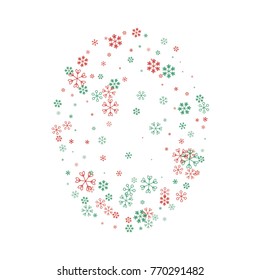 Oval Christmas background with random scatter falling red and green snowflakes isolated on white.