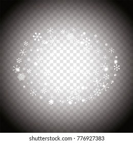 Oval Christmas background with random scatter falling white snowflakes and light blurred dots on a transparent background.