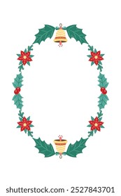 Oval Christmas Bell Frame. Winter frame with empty space for text. Christmas and New Year. Isolated vector illustration.