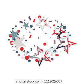 Oval Christmas colorful stars confetti falling, isolated on white. Magic shining flying stars and glitter dots sparkle cosmic backdrop