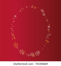 Oval Christmas frame or border with random scatter falling golden snowflakes isolated on a red gradient background