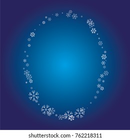 Oval Christmas frame or border with white random scatter falling snowflakes on a navy blue background.