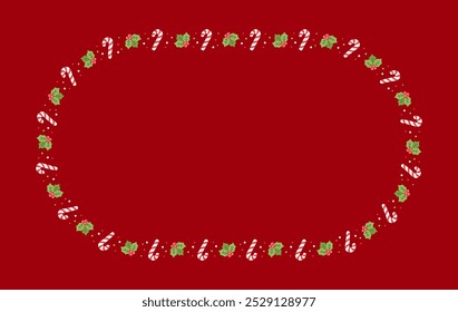 Oval Christmas Frame Border, Winter Holiday Graphics. Cute Mistletoe and Candy Cane pattern, card and social media post template vector illustration.