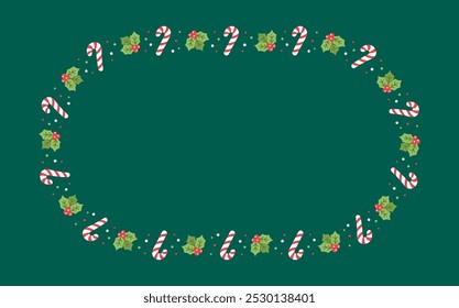 Oval Christmas Frame Border, Winter Holiday Graphics. Cute Mistletoe and Candy Cane pattern, card and social media post template vector illustration.