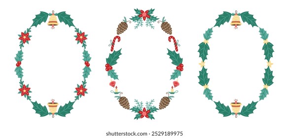 Oval Christmas frames collection with Poinsettia and Bell. Winter frame with empty space for text. Christmas and New Year. Isolated vector illustration.