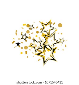 Oval Christmas gold and black stars confetti falling, isolated on white. Magic shining flying stars and glitter dots sparkle cosmic backdrop