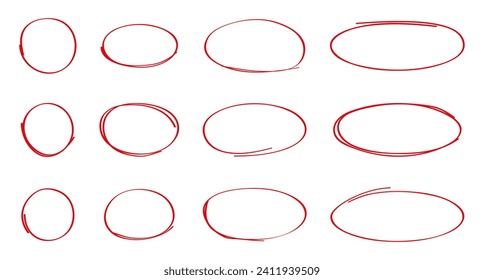 Oval, circle line, grunge vector set in sketch style. Red frames outline in hand drawn style. Doddle abstract forms for social net.	