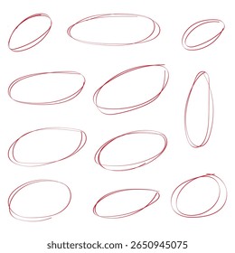 Oval, circle line, grunge vector set in sketch style. Red frames outline in hand drawn style. Doddle abstract forms for social net. 888