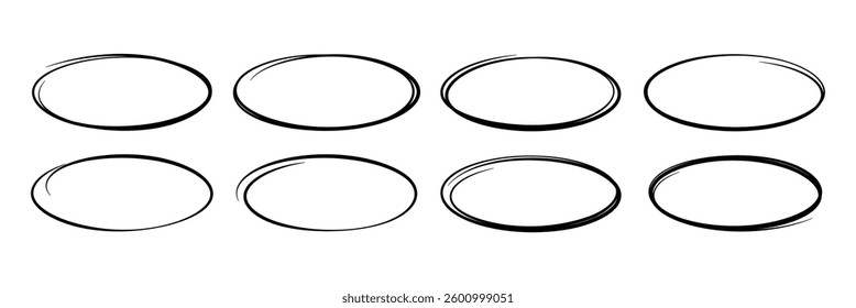 Oval and circle line vector set in sketch style. Black hand drawn frames for abstract graphic design.