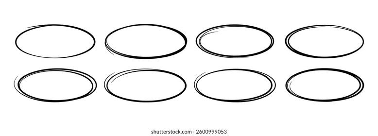 Oval and circle line vector set in sketch style. Black hand drawn frames for abstract graphic design.