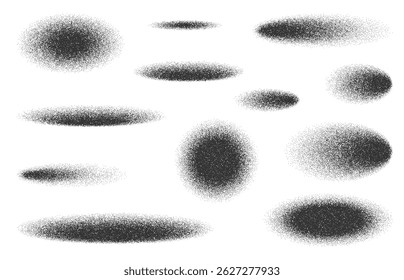 Oval and circle noise grain shadows effect with dots stipple gradient, vector shades. Circle shadows with noise grain effect, sand dotwork or paint spray for realistic oval shadows with grain texture