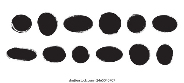 Oval and circle sketch shape, round charcoal marker, ink paint brush, grunge organic blob, irregular stain, black stroke spot isolated on white background. Abstract simple vector illustration