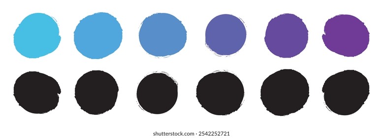Forma de esboço oval e circular, marcador de carvão redondo, pincel de tinta, bolha orgânica grunge, mancha irregular, mancha preta isolada no fundo branco. Ilustração vetorial simples abstrata