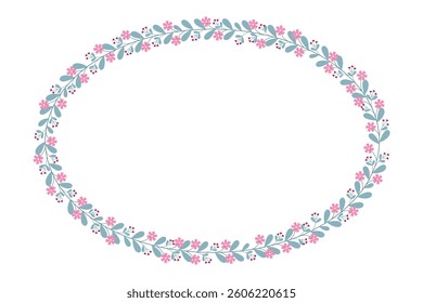 Oval Circle Wreath Border Frame Decorated With Green Leaves And Red Pink Flowers
