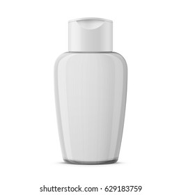Oval clear plastic cosmetic bottle with snap hinge push on valve cap for lotion, cleaner, makeup or nail polish remover. Realistic packaging mockup template. Front view. Vector illustration.