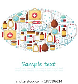 Oval Collection of vector illustrations, text. Set of doctor's tools in hand draw style. Ambulance doctor tools, medical case