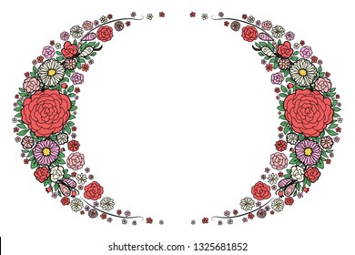 Oval color frame with black stroke. Flowers, leaves, berries, roses, and daisies.