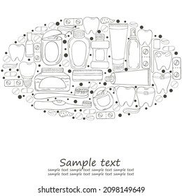 Oval Coloring design elements, text. Set of elements for the care of the oral cavity in hand draw style. Teeth cleaning, dental health. Teeth, floss, brush, paste