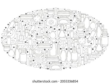 Oval Coloring vector illustration. Laboratory assistant doctor tools set in hand draw style. Analysis tools, virus search. Doctor's case, microscope, tools