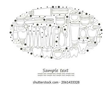 Oval Coloring vector illustrations, text. Set of elements for the care of the oral cavity in hand draw style. Teeth cleaning, dental instruments