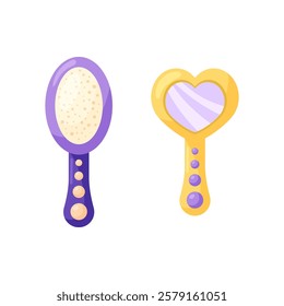 Oval comb brush and heart shaped mirror. Element for design on white background. Isolated vector illustration.