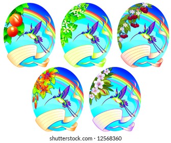 Oval comp with sky, humming-bird , different blossoms and banner. Space for adding text is available.