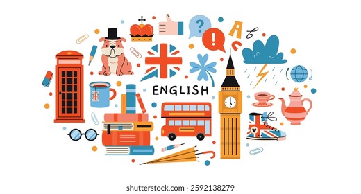 Oval composition with books and Iconic British culture symbols like landmarks, flag, tea and red phone booth. Learning English language Set. Vector illustration isolated on white, hand drawn, flat