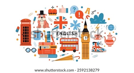Oval composition with books and Iconic British culture symbols like landmarks, flag, tea and red phone booth. Learning English language Set. Vector illustration isolated on white, hand drawn, flat