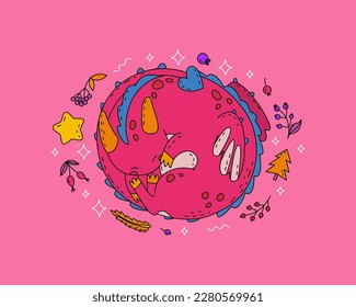 Oval composition with decorative natural elements and the symbol of the Chinese New Year 2024 - the dragon. A cute character for designing children's clothing, printing and interior items. Vector