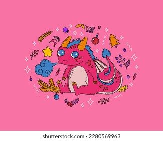 Oval composition with decorative natural elements and the symbol of the Chinese New Year 2024 - the dragon. A cute character for designing children's clothing, printing and interior items. Vector