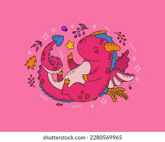 Oval composition with decorative natural elements and the symbol of the Chinese New Year 2024 - the dragon. A cute character for designing children's clothing, printing and interior items. Vector