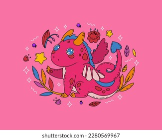 Oval composition with decorative natural elements and the symbol of the Chinese New Year 2024 - the dragon. A cute character for designing children's clothing, printing and interior items. Vector