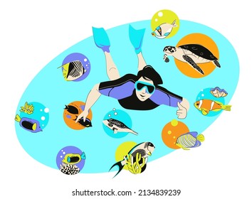 Oval composition, a man diving with snorkeling goggles diver and underwater inhabitants, fish, corals, turtle. Vector flat illustration in cartoon style.