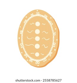 Oval cookie isolated on white background. Gingerbread homemade festive baking. Christmas sweet dessert with frosting decor. Vector hand drawn flat illustration