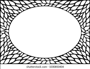Oval cover frame with natural plant texture. Skeleton. Vintage black and white photo frame background. Vector figure for laser cutting