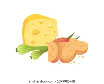 Oval croutons with cheese and onions. Vector illustration on white background.