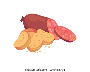 Oval croutons with salami. Vector illustration on white background.