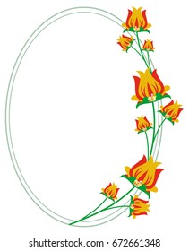 Oval decorative frame with abstract flowers. Vector clip art.